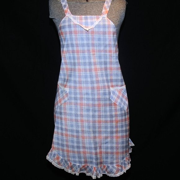 Vintage 70's Orange & Blue Plaid Check Full Bib Apron w/ Lace Criss Cross Back - Picture 2 of 11